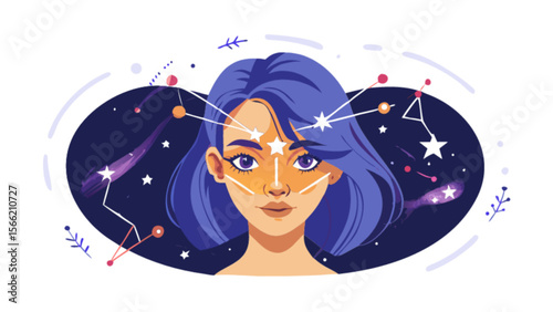 Astrology girl with constellation stars and space background for zodiac signs and horoscope reading guide