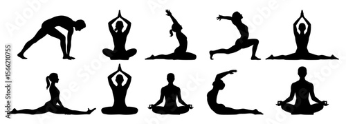 Yoga poses silhouette collection vector illustration set with meditation
