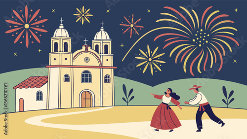 Celebrate fiesta with fireworks in front of a church with a couple enjoying the night festival event