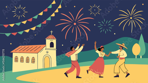 Mexican independence day celebration with fireworks and traditional dance near church vector illustration