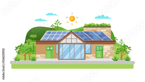 Eco friendly sustainable home with solar panels and green roof for renewable energy and clean living design