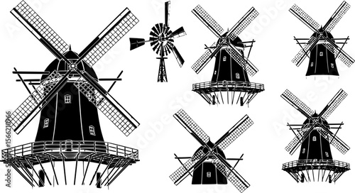a series of black and white illustration of a windmill, vector
