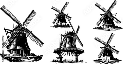 a series of black and white illustration of a windmill, vector
