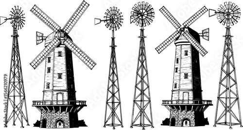 a series of black and white illustration of a windmill, vector
