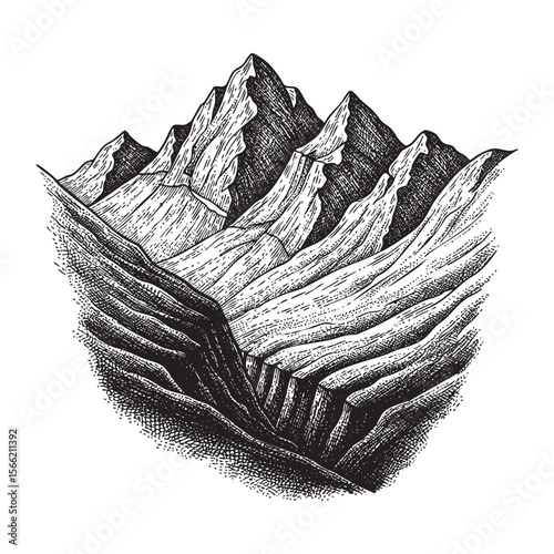 Abstract Mountain Valley Peaks Vector Engraving Illustration