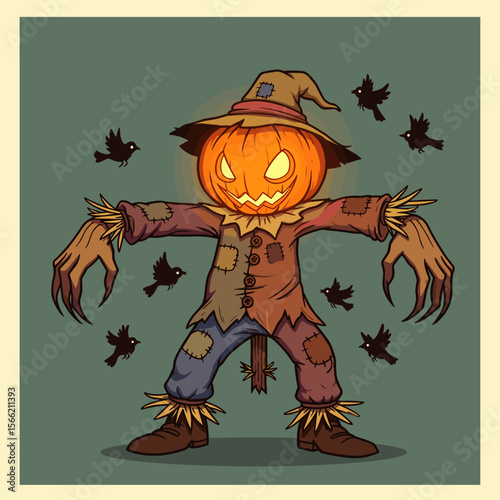 This eerie scarecrow has a glowing pumpkin head, jagged mouth, claw-like hands, and wears patchwork clothes with straw poking out — surrounded by dark birds on a green background.