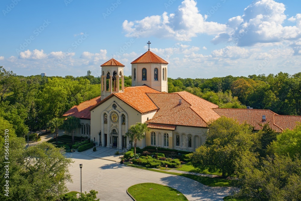 Fototapeta premium View of Christ the King Sanctuary surrounded by lush trees on a sunny day, Aerial view of Christ the King Sanctuary