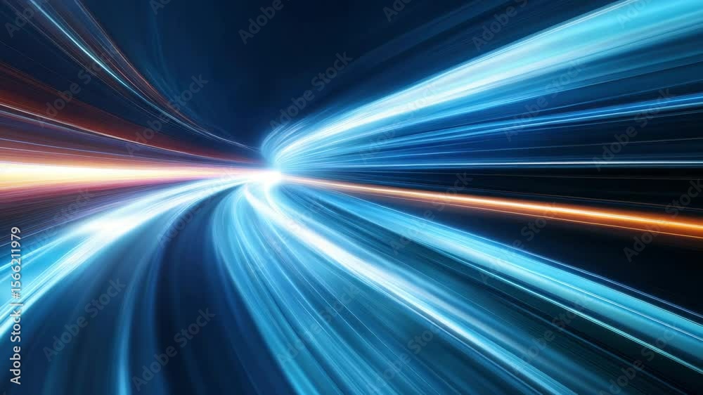 Blue light streak dynamic motion blur with futuristic energy and speed technology creating vibrant tunnel effect glowing bright lines curving toward radiant vanishing point in dark space environment