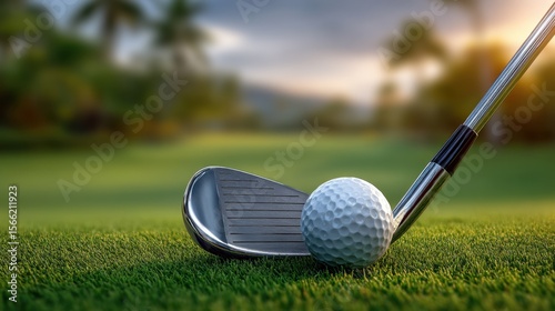 A close-up shot of a golf club poised to strike a golf ball on a lush green golf course under the beautiful lighting.