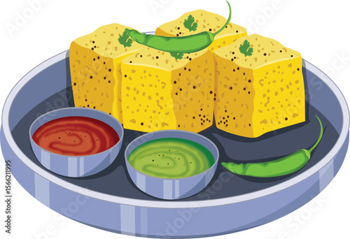 Dhokla With Red And Green Chutney. Dhokla Platter. Gujarati Food Dhokla.