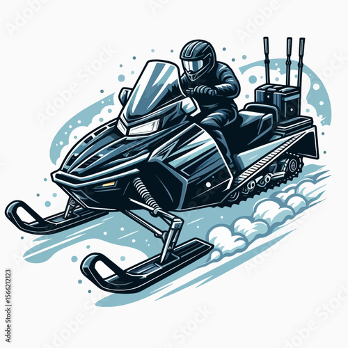 Digital art piece depicts a person operating a snowmobile, gliding through a snowy landscape.  The design style is bold and illustrative.