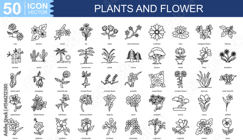 plants and flower icon collection set. Containing rose, jasmine, orchid, lily, tulips, cherry blossoms, sunflower, lotus icon