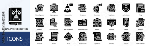 legal proceedings icon collection set. Containing Witness Signature, digital signature, Representation, Compliance, Commission icon