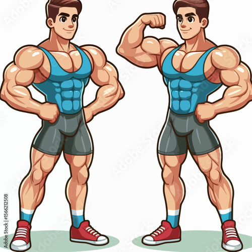 Two cartoon representations of a muscular man in various poses, showcasing physical strength and fitness.
