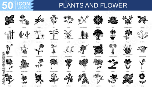 plants and flower icon collection set. Containing rose, jasmine, orchid, lily, tulips, cherry blossoms, sunflower, lotus icon