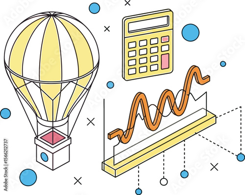 Isometric business growth illustration with hot air balloon and graph chart