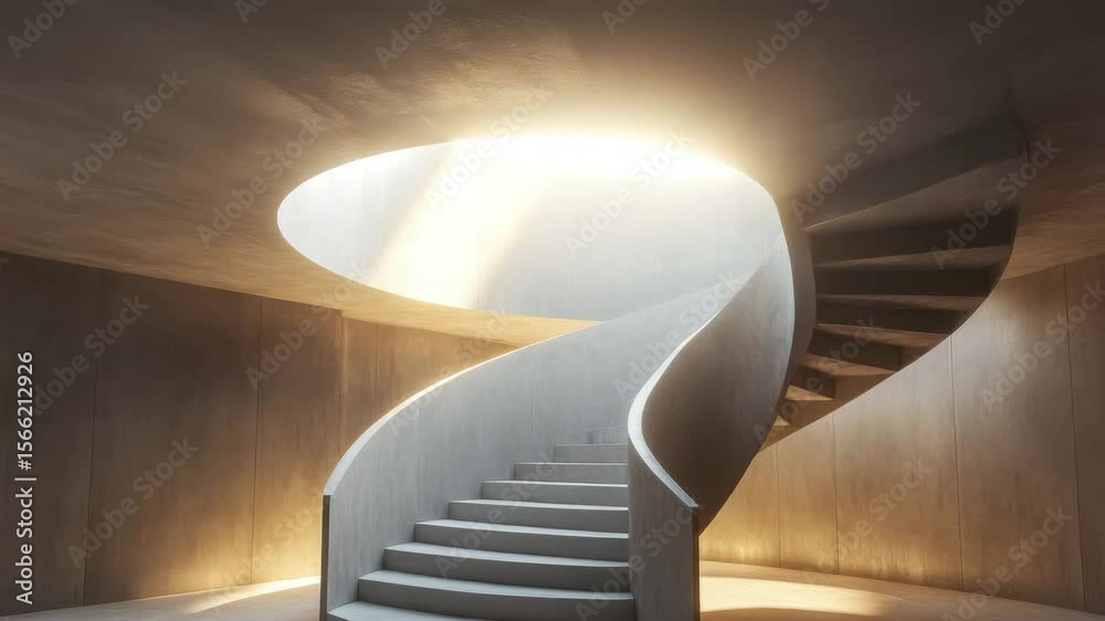 Spiral concrete staircase with smooth curved railing and natural light from circular opening enhances modern interior architecture featuring minimalistic design and architectural detail