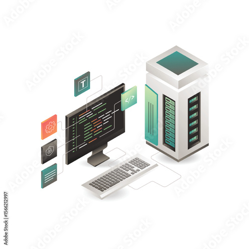 Isometric Server Room and Coding Development Illustration