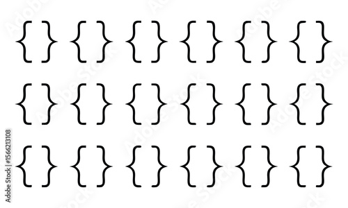 Abstract black and white pattern of curly braces arranged symmetrically for graphic design.