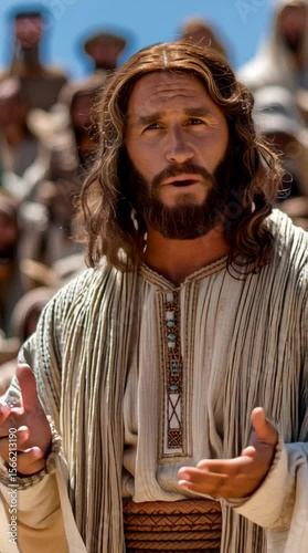 esus Christ stands in an outdoor setting, teaching a large, diverse crowd of people who are intently listening
