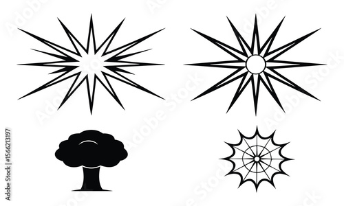 Abstract black and white graphic elements including exploding burst sunburst tree silhouette design