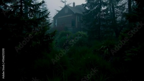 Spooky Cabin in the misty woods. Evergreen forest with fog