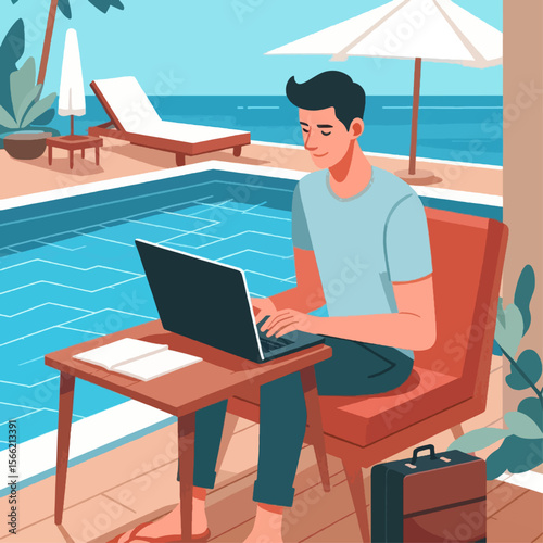 Stylized illustration of a person working on a laptop outdoors by a resort pool.  The scene conveys a relaxed and productive work atmosphere.