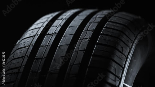 New detailed automotive road summer radial wheel tyre, tread pattern profile close up shot in dark studio. Passenger vehicle spare part. Black rubber surface. Depth of field. Rack focus