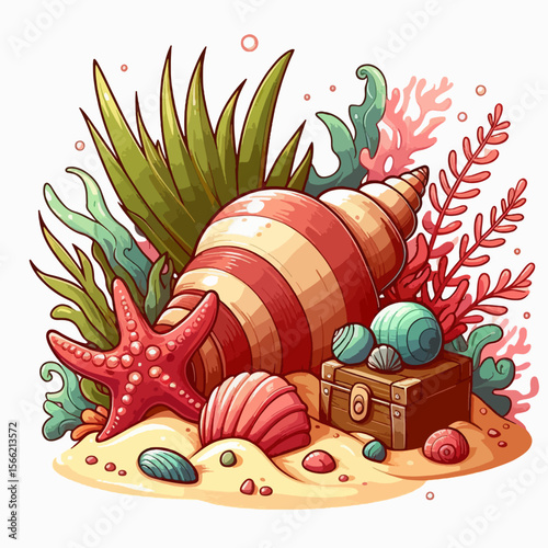 Vibrant, hand-drawn illustration of an underwater scene showcasing various seashells, coral, sand, and a treasure chest.
