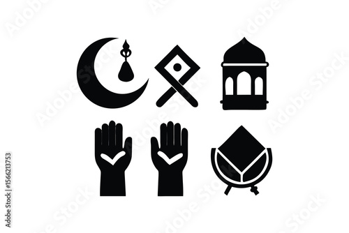 Modern Minimalist Islamic Icons: Crescent Moon, Lantern, Praying Hands, Qibla Compass, and Symbolic Star, in Bold Black Silhouette, Perfect for Ramadan and Eid al-Fitr Designs.