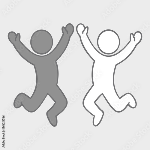 This lively illustration features two joyful figures in mid-jump, one in gray and the other in white, symbolizing celebration and enthusiasm.