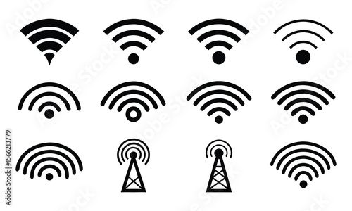 Set of twelve different black and white wireless wifi icons for various web and app designs