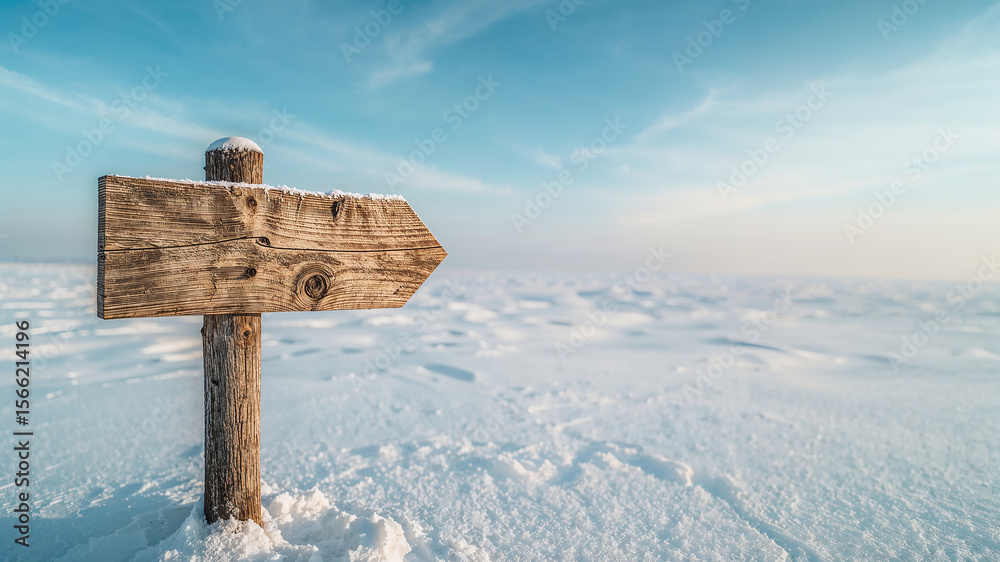 Fototapeta premium Wooden signpost pointing across snowy landscape