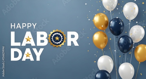 Happy labor day message with gold and blue balloons