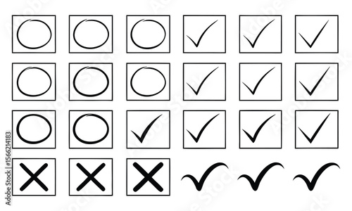 Hand drawn illustrations of check boxes with check marks and crossed out marks.
