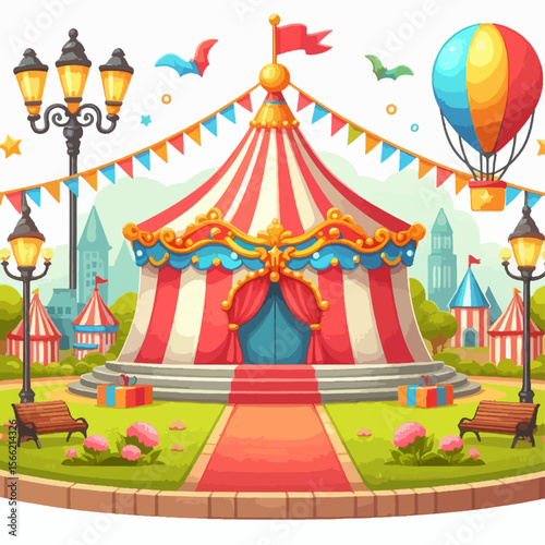 Vibrant depiction of a circus tent within a charming park setting, complete with surrounding city-like structures and festive decorations.  Colorful elements abound in the scene.