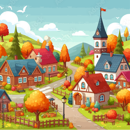 Picturesque illustration of a charming autumnal village nestled in rolling hills, featuring colorful houses, trees with vibrant fall foliage, and a winding road.