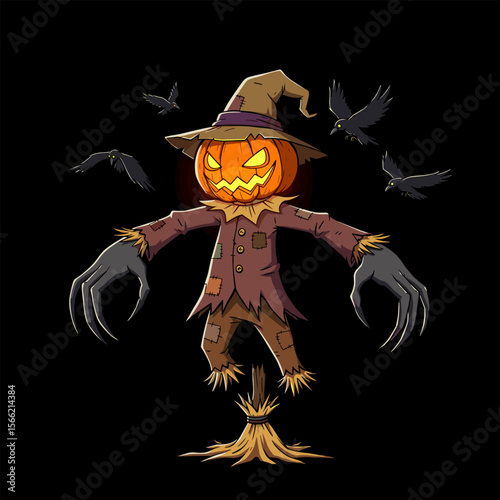 This spooky scarecrow with a carved pumpkin head, glowing eyes, and ragged clothes stands tall on a wooden post surrounded by dark crows — perfect for a Halloween fright.