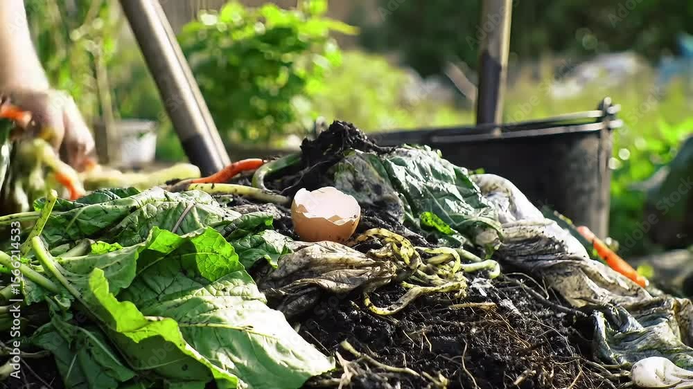 Organic compost pile showcases an eggshell among vegetable scraps and garden waste, promoting sustainable gardening and recycling.