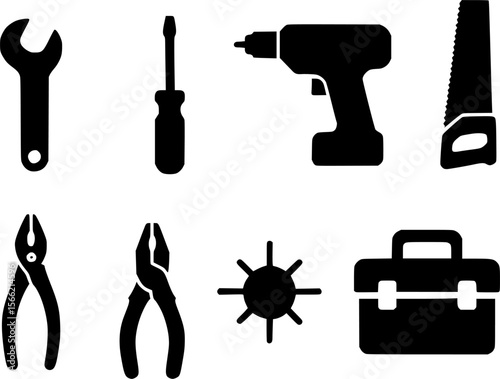 Essential Hand Tools Icons Wrench, Screwdriver, Drill, Saw, Pliers, Toolbox