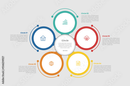 circle shape infographic diagram with circular circle on centered base base with 5 step for slide presentation