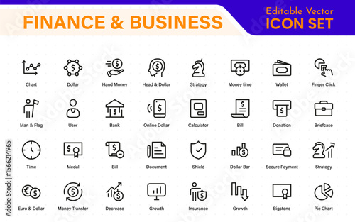 Finance and business line icons collection. Big UI icon set in a flat design. Thin outline icons pack.
