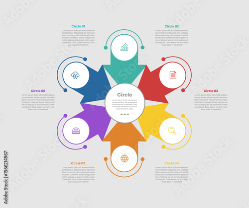 circle shape infographic diagram with circle and arrow centered direction with 6 step for slide presentation