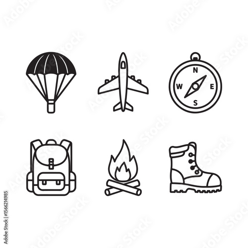 Set of six adventure travel icons including parachute airplane compass backpack campfire and boot silhouette isolated on white background Art & Illustration
