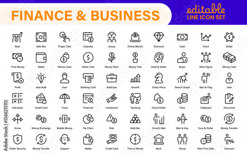 Finance and business line icons collection. Big UI icon set in a flat design. Thin outline icons pack.