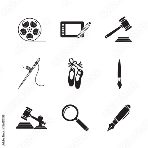 Collection of nine diverse black silhouette icons representing creative and professional fields isolated on white background silhouette Art & Illustration