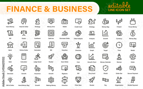 Finance and business line icons collection. Big UI icon set in a flat design. Thin outline icons pack.