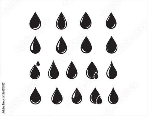 Isolated drop icons on a white backdrop. Black water drop symbols. Vector illustration
