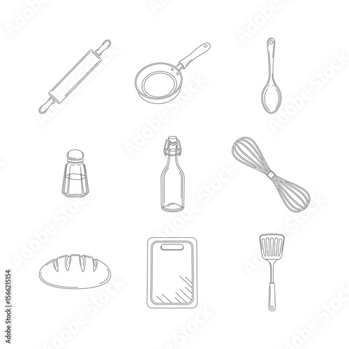 Collection of kitchen utensils and food items in a simple line drawing silhouette isolated on white background Art & Illustration