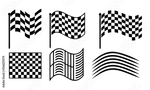 Vector set of race flags and wave elements in monochrome for motorsport themes